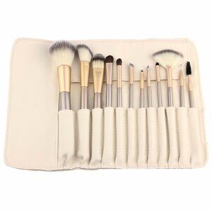 Professional 12 Piece Makeup Cosmetics Brush Set with Beige-Colored Case Bag